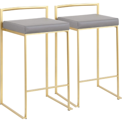 Fuji 26" Counter Stool in Grey Leatherette & Gold Metal (Set of 2)